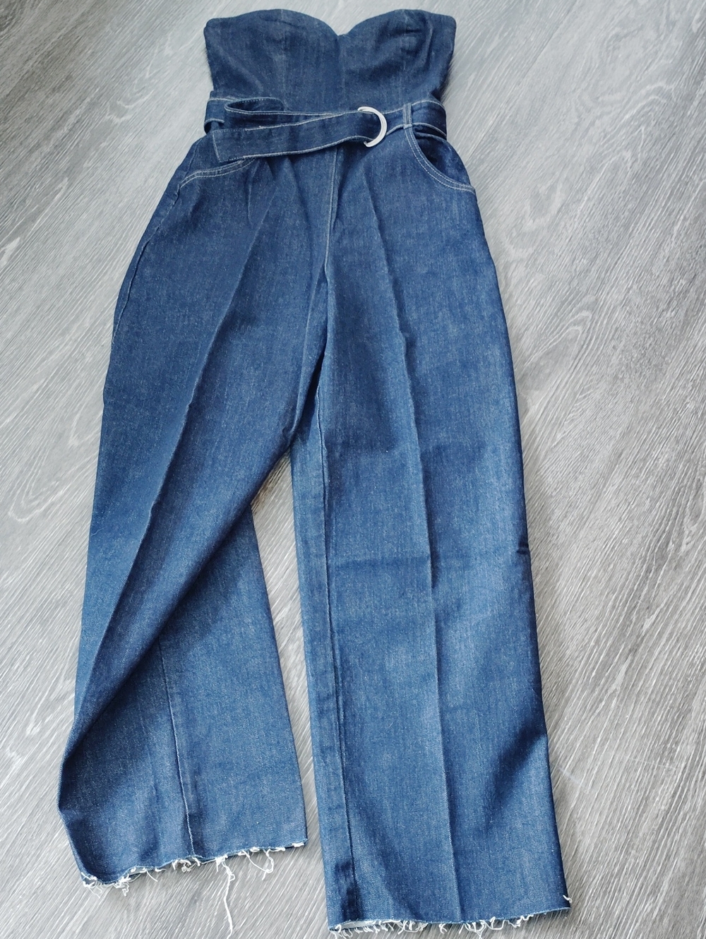 Zara Dark Blue Strapless Wide-Leg Denim Jumpsuit with Belt